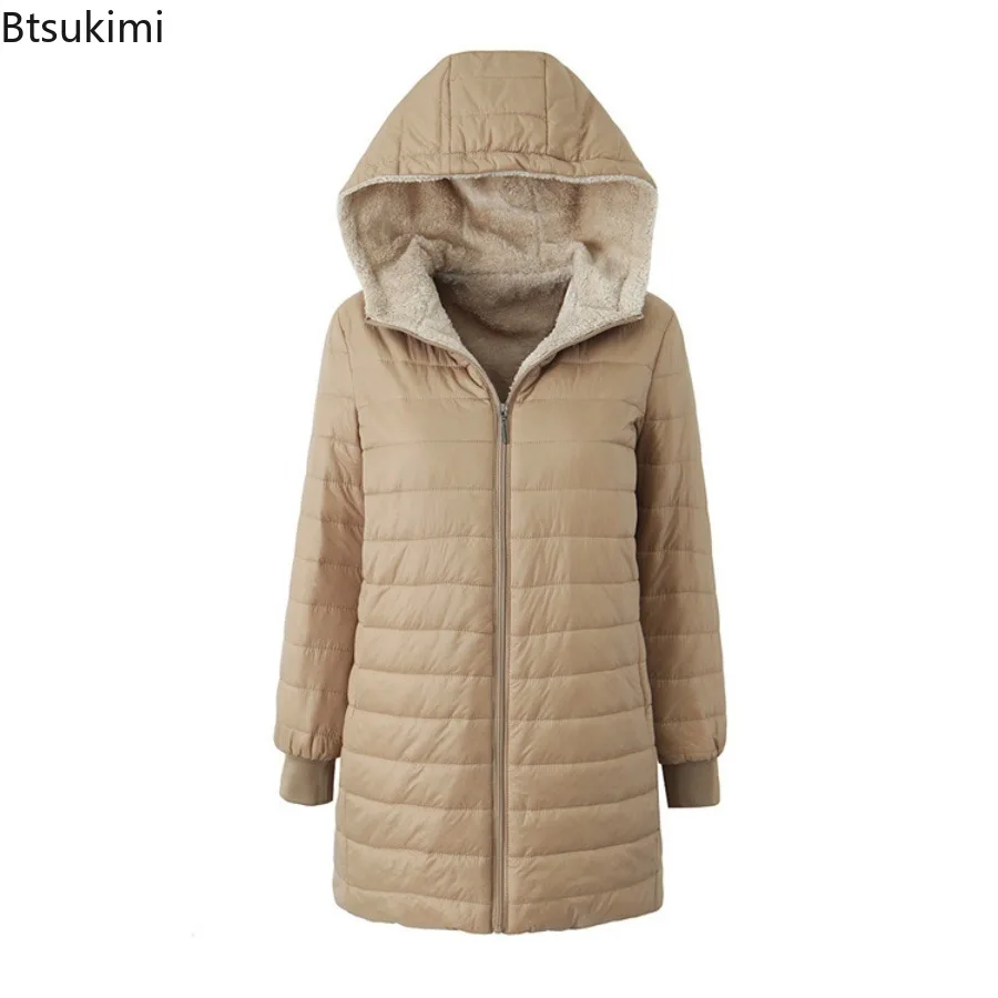 2025 New Autumn and Winter Korean Style Mid-length Hooded Cotton Coat for Women Lambswool Warm Cotton Coat and Velvet Jacket Top