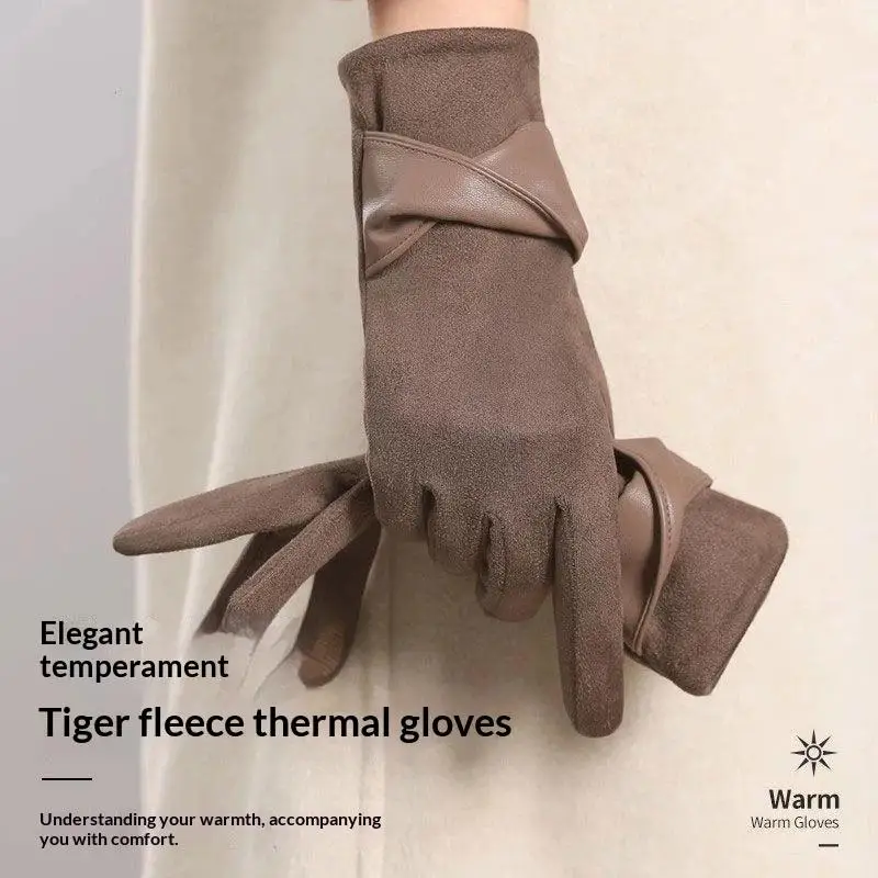 Elegante Damen-Winterhandschuhe aus Wildleder, Touchscreen-kompatibel, mit Samtfutter, warm, 1 Paar für Pendeln und Dates – Detail 1