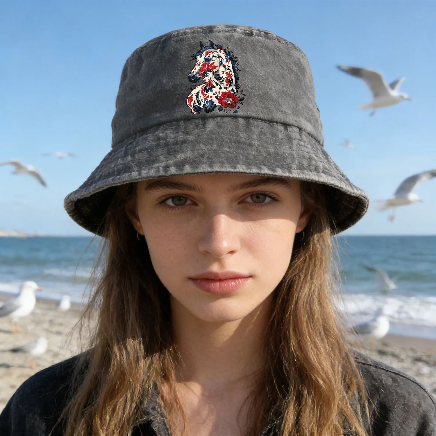 A Washed Denim Bucket Hat with a 