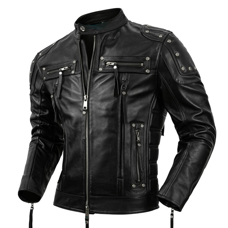 

Protective Motorcycle Clothing Cowhide Leather Leather Men's Motorcycle Riding Clothing Calfskin Leather Jacket Biker Coat Men