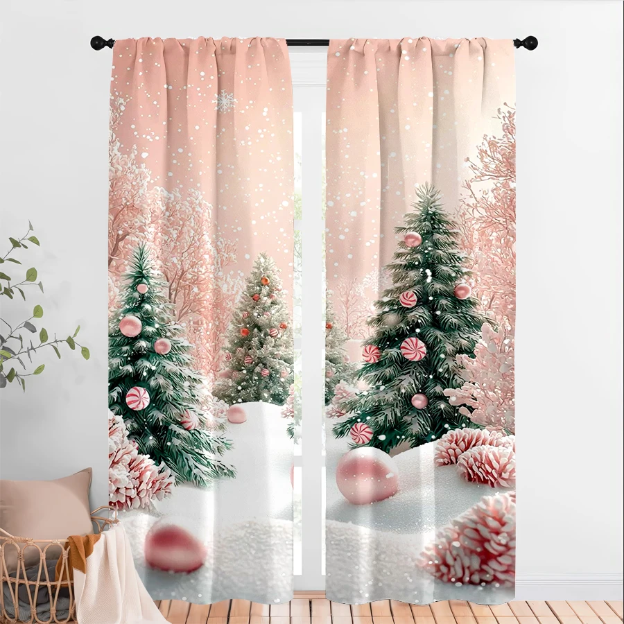 2PCS Christmas Winter Curtains, Pink Snowy Christmas Tree Candy, Digital Print, Bedroom Living Room, Home Decor Window Drapes