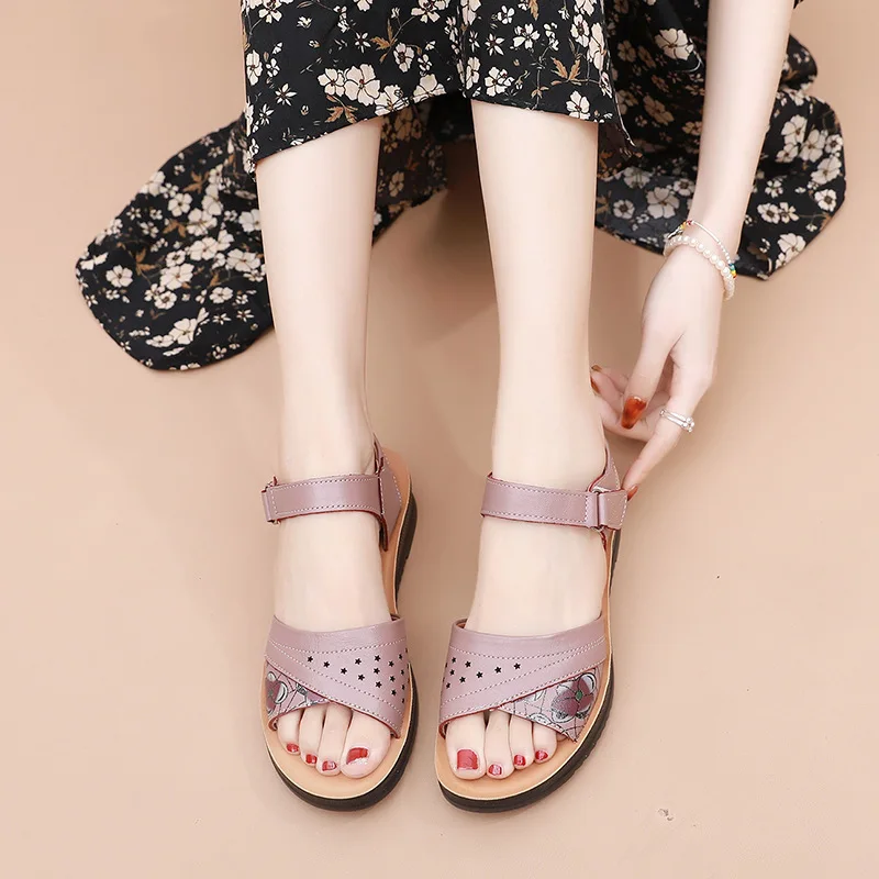 New Women's sandals Summer Leather Shoes Women Open Toe Non-slip Casual Sandals Elderly Soft Bottom Casual Shoes Large Size