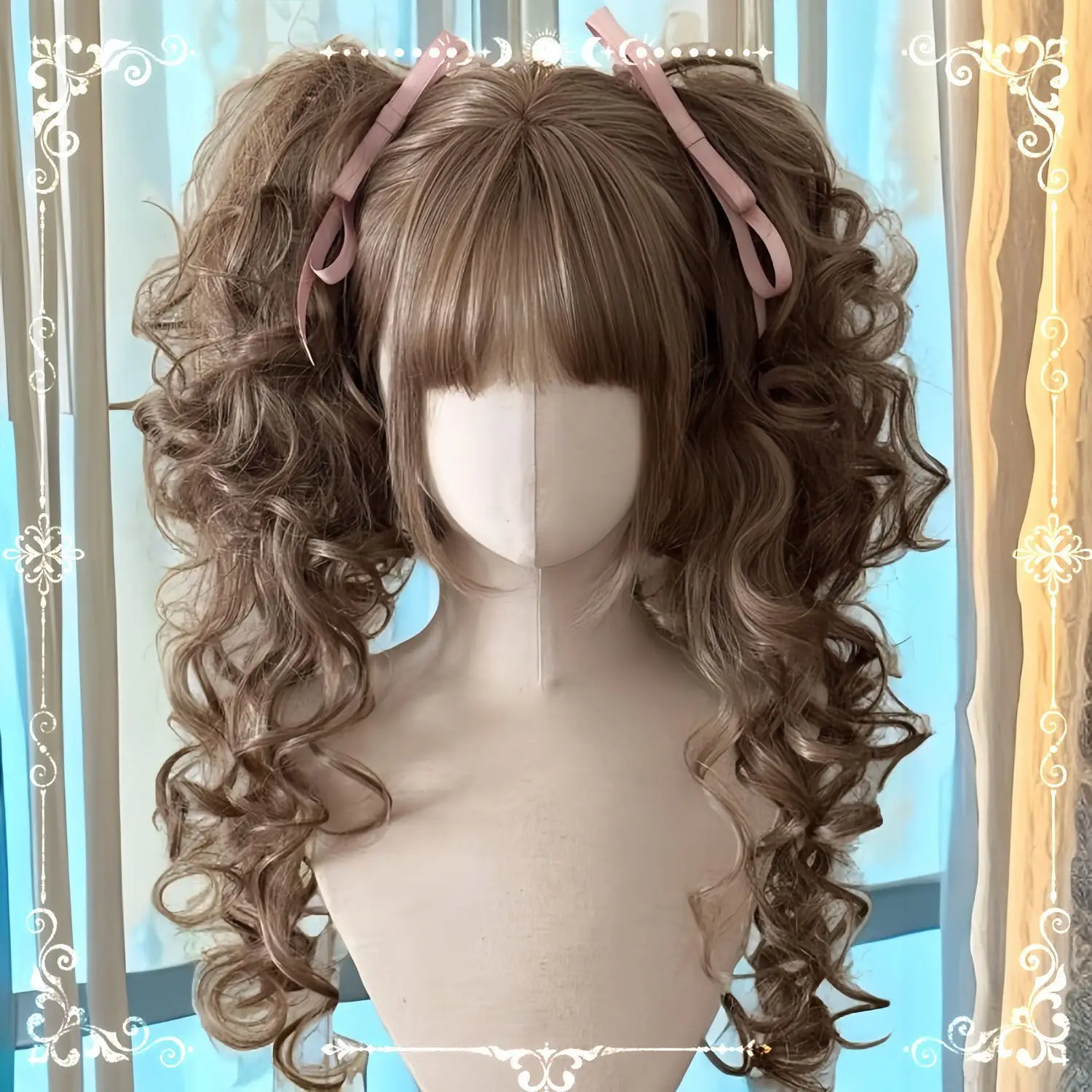 Vintage Lolita pruik - Bobo-snit met gespleten paardenstaarten, Romeinse krullen cosplay haarstukje, dagelijkse gotische accessoires, volledige hoofdbedekking