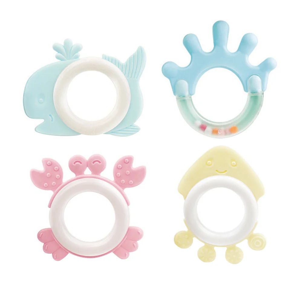 Mordedor Molar de plástico para bebé, 4 Uds., agitar para calmar, anillo para masticar infantil, mordedor suave y seguro para masticar