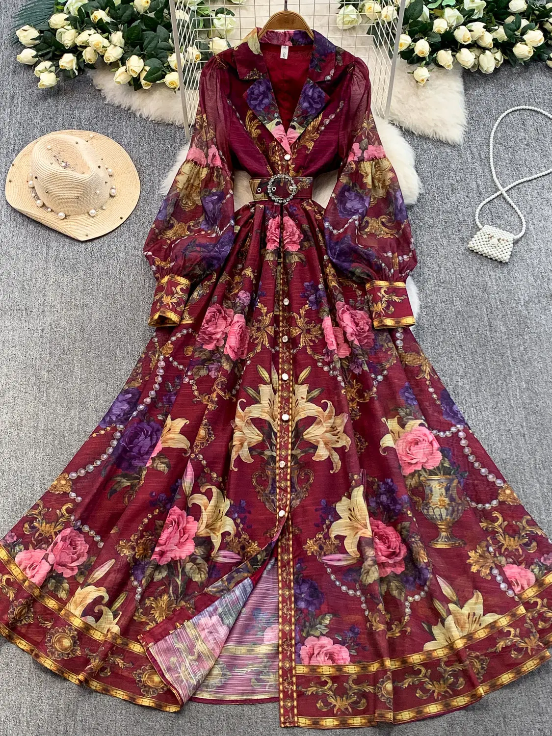 

Elegant Sexy Lace Patchwork V Neck Dress Women Spring Autumn Retro Floral Print Waist Cinch Party Evening Gown Dress Woman