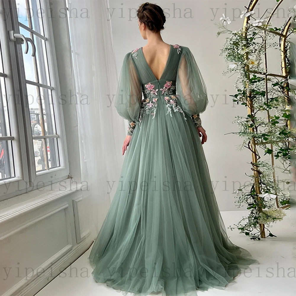 カスタマイズされた V ネックイブニングドレスモダンなドレーププリーツスパンコールレースアップリケ A ラインウエディングドレス背中の開いたロングチュールパーティードレス