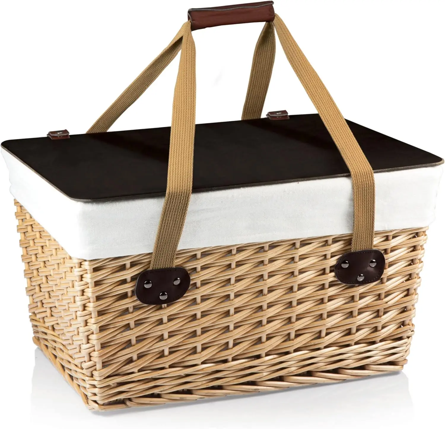 Canasta Wicker Picnic Basket With Lid, Small Picnic Basket For 2, Beige Canvas With Red & White Gingham Pattern Lid