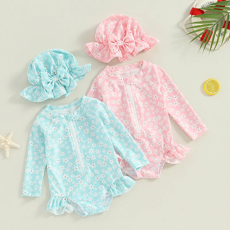 Toddler Girls Rash Guard Swimsuit Rompers Long Sleeve Floral Print Baby Ruffles Bathing Suit Swimwear with Swim Cap Outfit