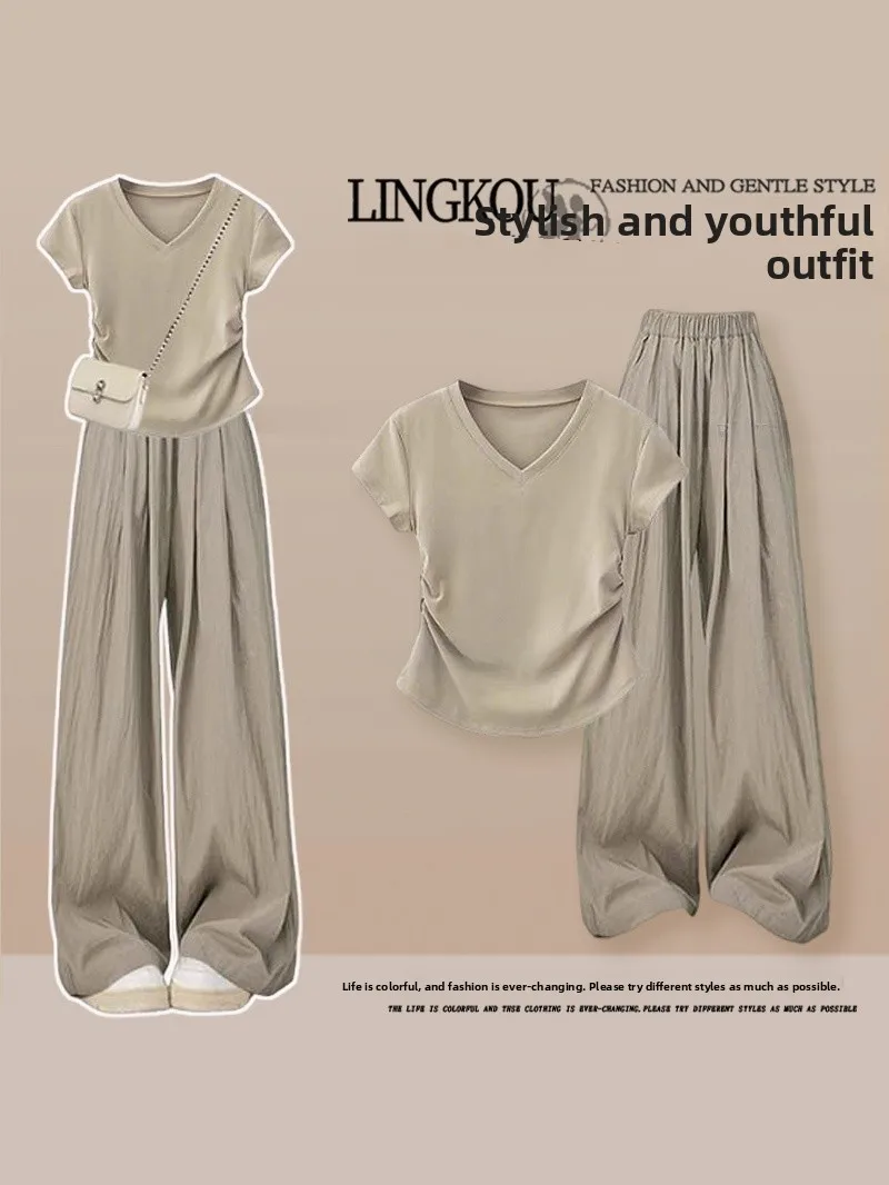 

plus Size Summer Vintage Set Women's Slimming Waist T-Shirt Sports Casual Wide Leg Pants Two Piece Set High Waist Long Pants