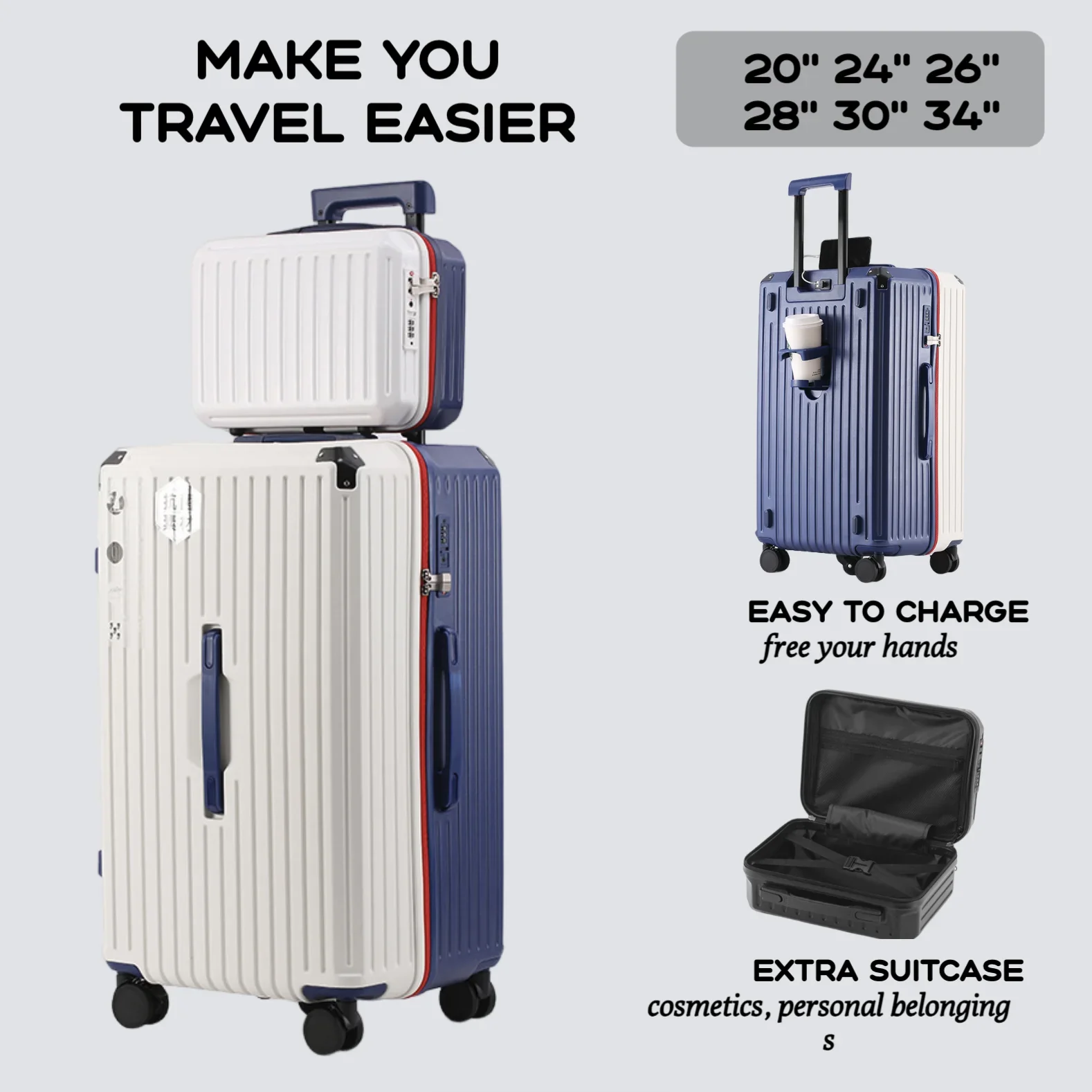 Ensemble de Bagages Durables avec Valise à Roulettes PC + ABS