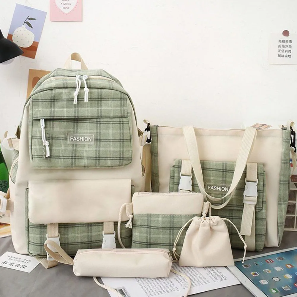 

5Pcs/set Large-Capacity Primary School Junior High School Students Shoulders Backpack Cute Plaid College Style Buckle Outer Bag