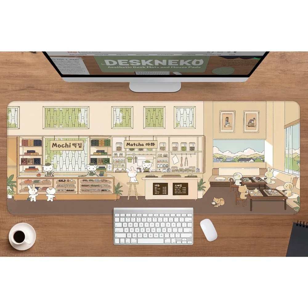 Alfombrilla de escritorio Kawaii, linda alfombrilla para ratón, cafetería coreana de té matcha, Mochi verde beige, estética de anime japonés, grande y extendida
