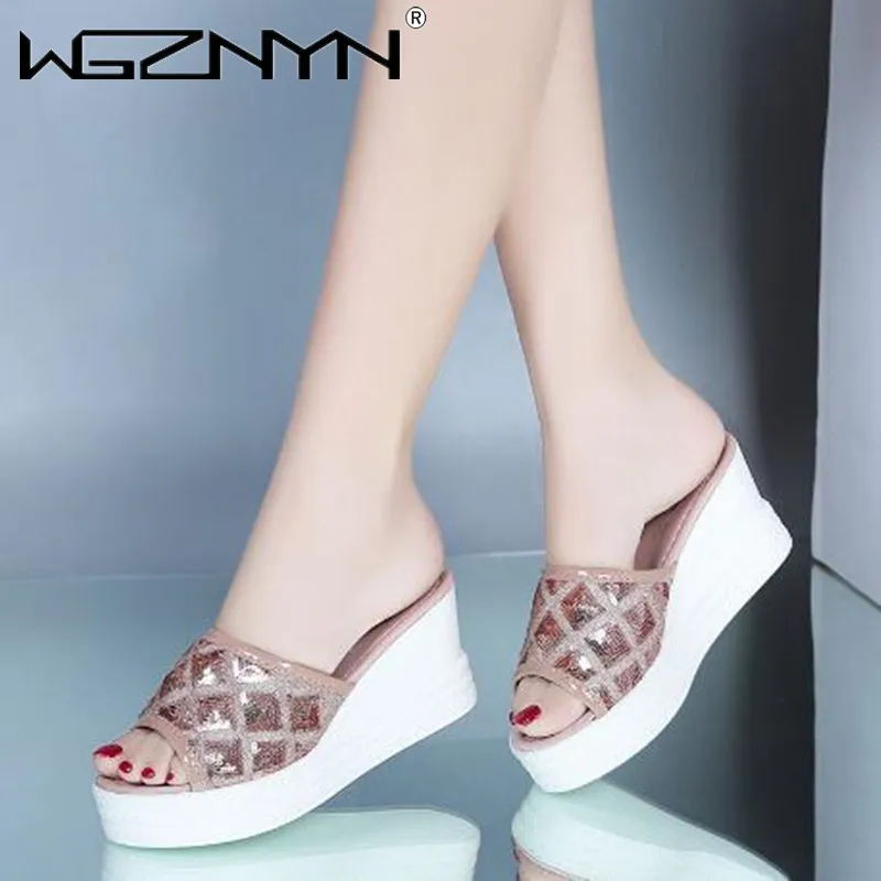 NEW Summer Women Sequined Cloth Slippers Bling Wedges Platform Beach Casual Slides Woman Shoes Ladies Slippers Footwear 2023