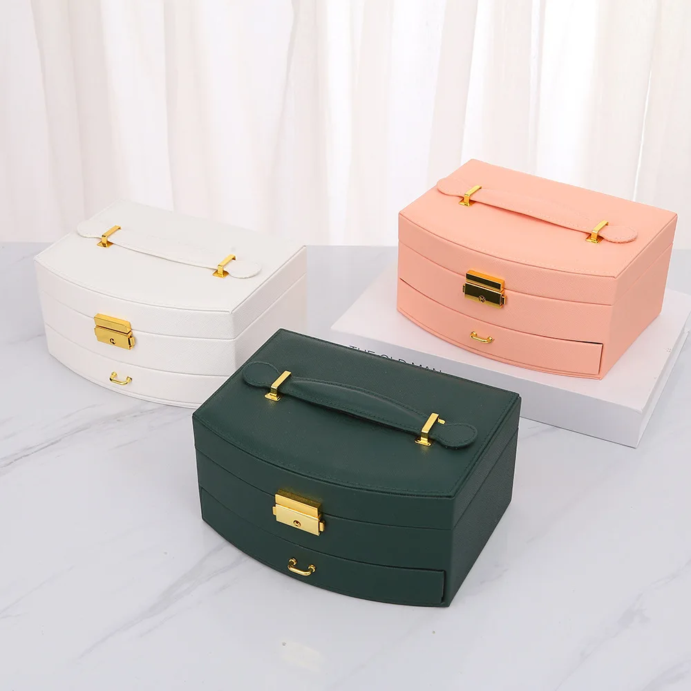 Luxury Handheld PU Jewelry Box Detachable Jewelry Organizer with Mirror Travel Case for Rings Earrings Necklaces Gift for Ladies
