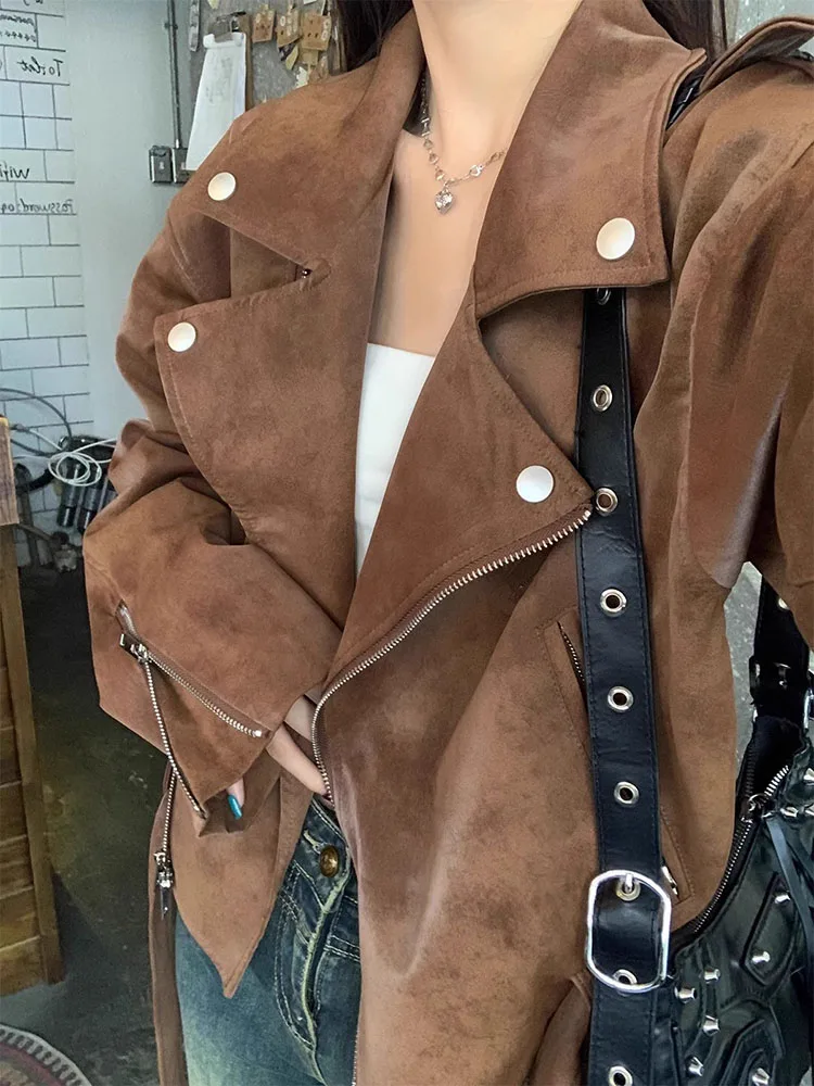 Chaqueta de ante sintético de gran tamaño para mujer, abrigo de manga larga con solapa y cremallera, prendas de vestir marrones Vintage, ropa de calle de moda para señora nueva 2025