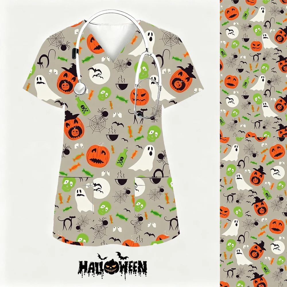 

Halloween V-Neck Print Scrub Top Print Dental Nursing Scrub Tops Commuter Women Pocket Work T-shirt Uniform 2025 Summer
