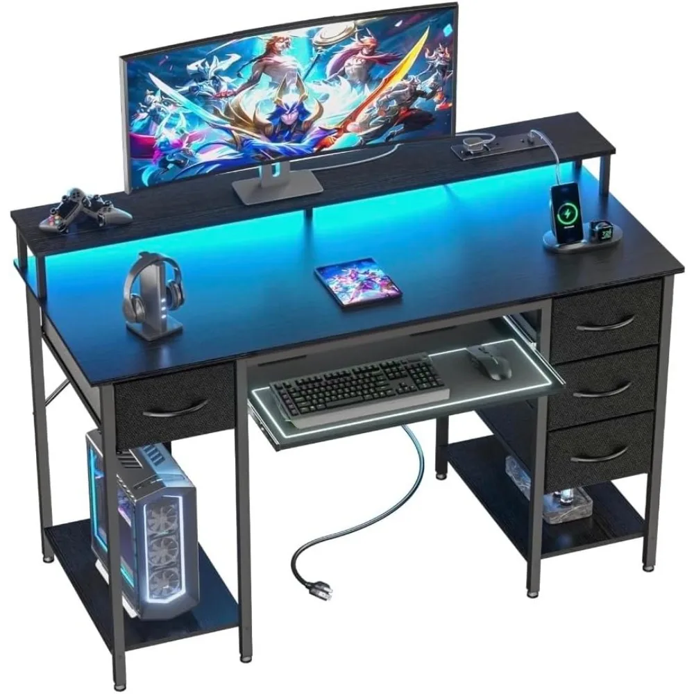 Computer Desk with Drawers and Power Outlets, 47 Inch Gaming Desk with LED Lights, Home Office Desk with Monitor Stand