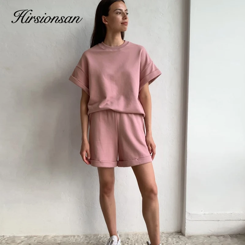 Hirsionsan-conjunto de duas peças para mulheres, camiseta de manga curta e calça de cintura alta, cor sólida, estilo casual, verão