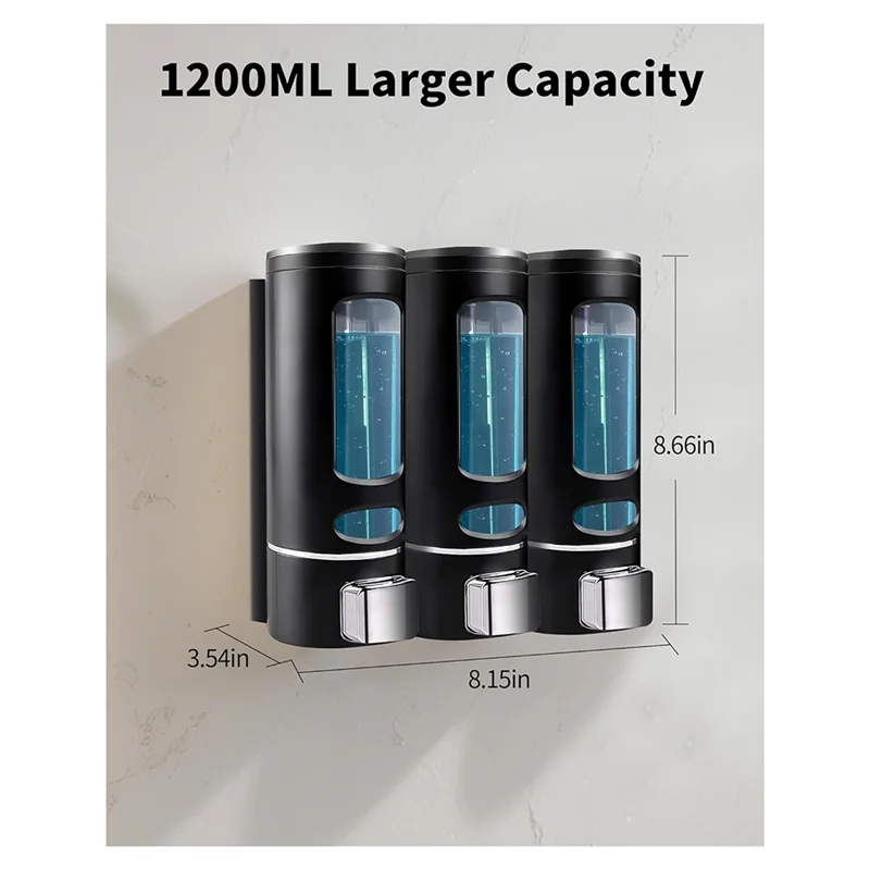 A74E-For Shower Shampoo Dispenser 1200ML Wall-Mounted 3 Chamber No Drill Body Wash Soap Dispenser For Bathroom Hotel