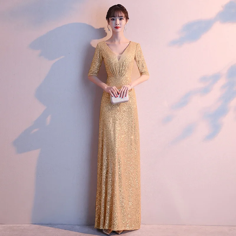 

WYHS-118#Champagne Banquet Evening Dress Female Sequins Socialite Temperament Choral Performance Conductor Host Dress Slimming