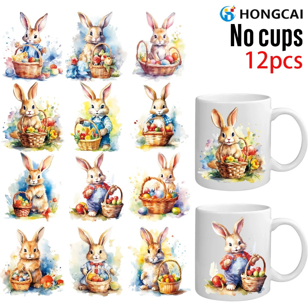 

12 УФ-наклеек «Пасхальный кролик», высококачественные самоклеящиеся, подходят для кружек и компьютеров, устойчивые к царапинам