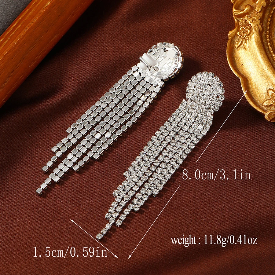 Fashion Luxury Long Tassel Rhinestones Clip on Earrings Ladies Shiny Crystal Water Drop Pendant Earrings Fine Bride Jewelry Gift