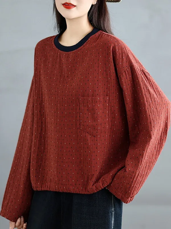 Retro Color Woven Dot round Ne Sweatirt T-irt Women's Spring Autumn plus Size Cotton Double Layered irt