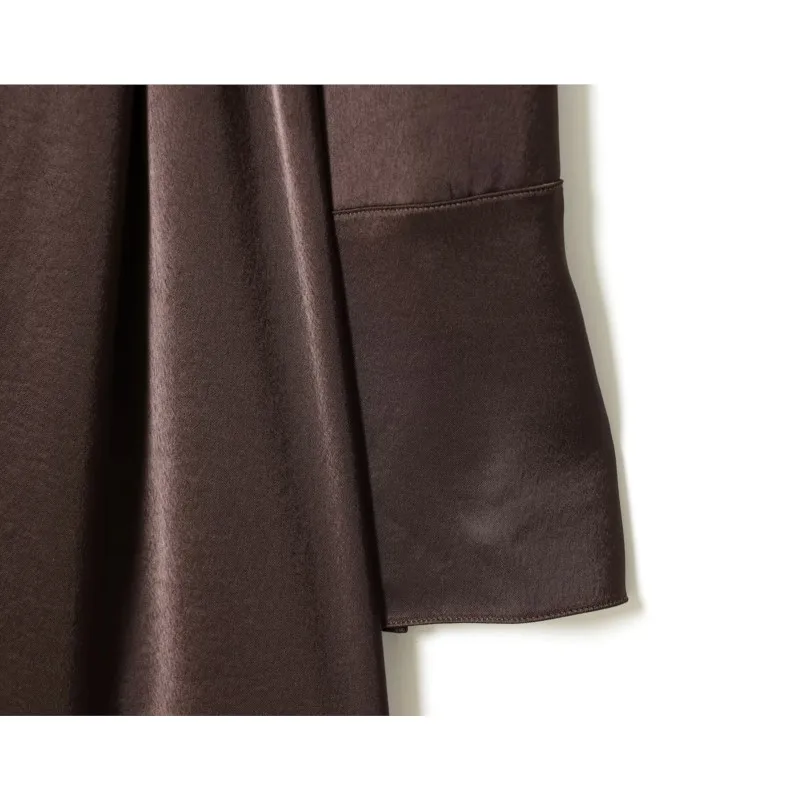 Sukienka midi damska z satyny na wiosnę i lato z paskiem, elegancka sukienka mini damska z wysokim dekoltem i długim rękawem, modne i szykowne sukienki damskie.