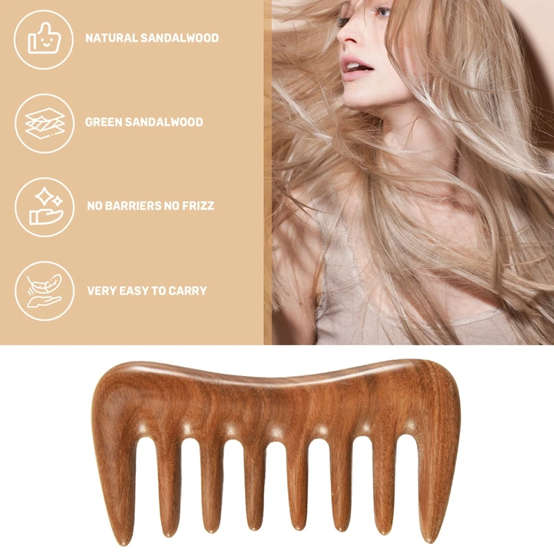 Wide Tooth Hair Comb - Natural Wood Comb For Curly Hair - No Static Sandalwood Hair Pick Wooden Comb For Detangling