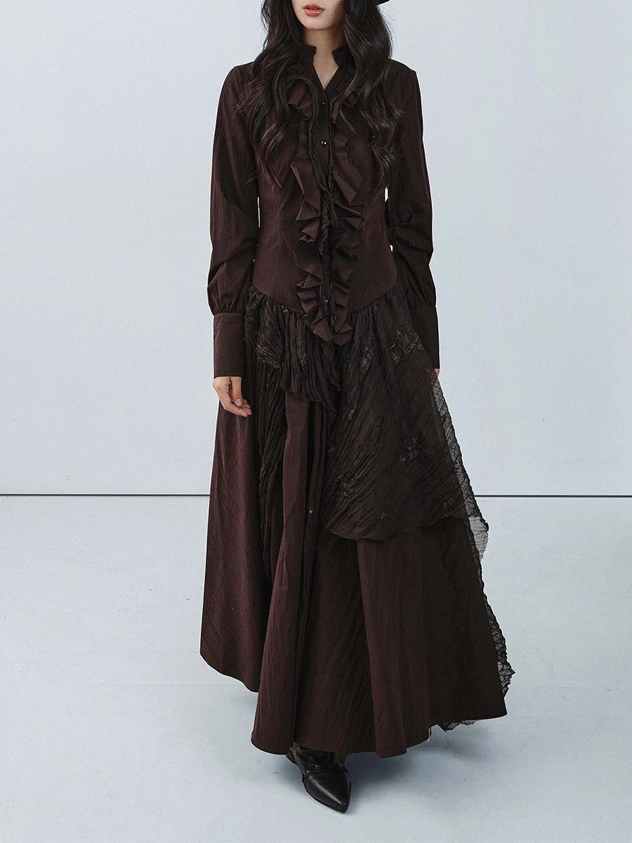 TWOTWINSTYLE Brown Spliced Folds Irregular Dresses for Women Stand Neck Long Sleeves Patchwork Buttons Vintage Dress Female New