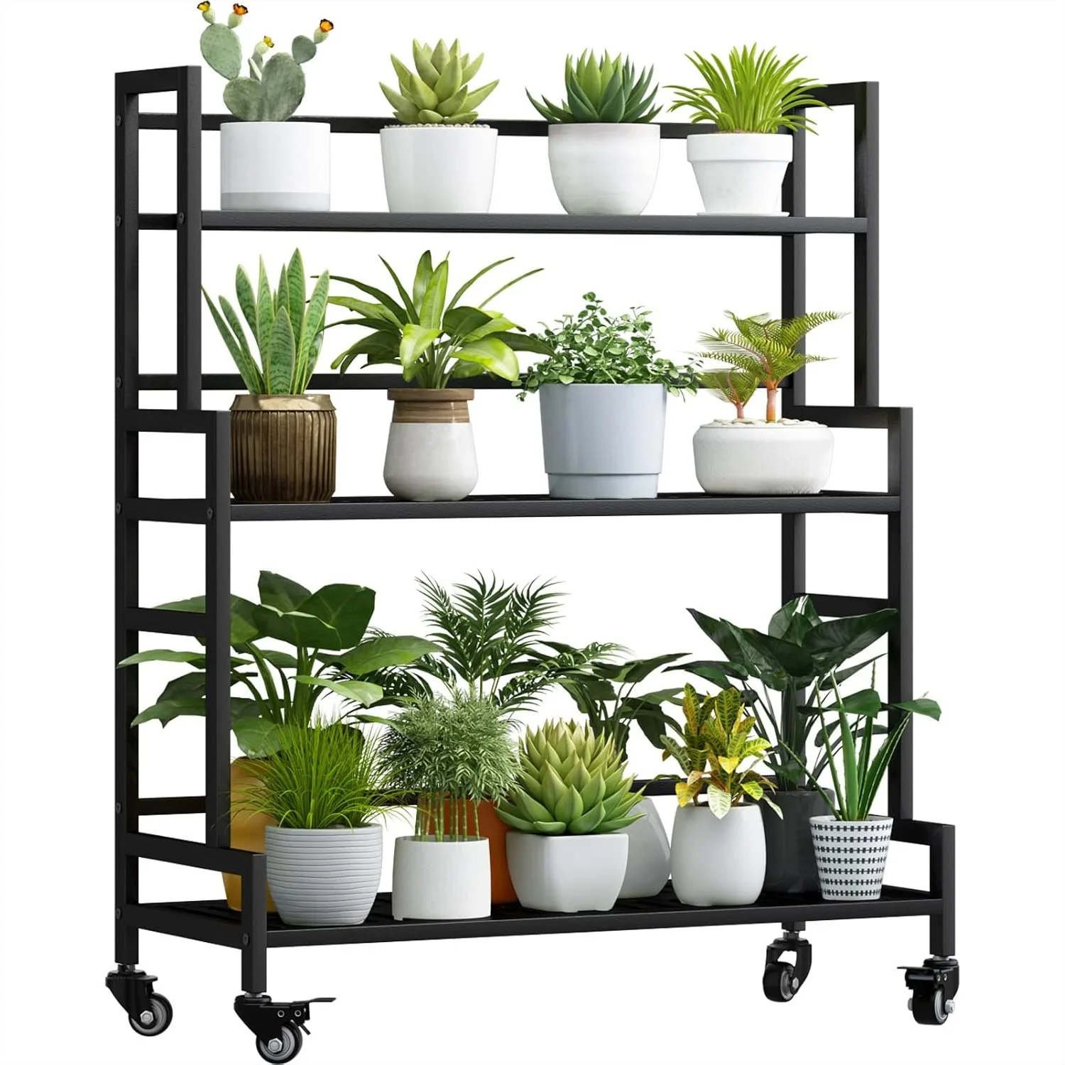 

3 Tier Plant Stand Indoor Outdoor with Wheels, Metal Tiered Shelf for Multiple Plants, Black