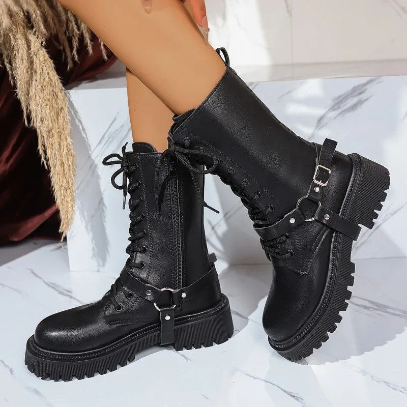 

Women 2025 Platform Mid-Tube Boots Autumn New Round Toe Rivet Sweet Cool Small Man Fashion Single Boots