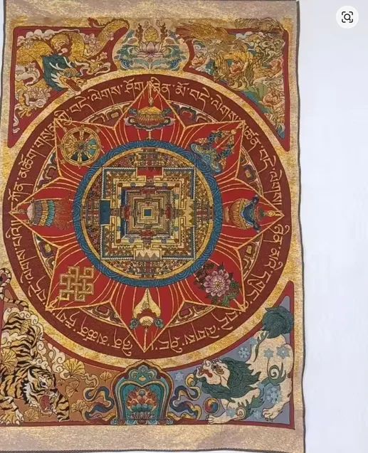35.4″ Eight Treasures Mandala Brocade Tibetan Tangka Embroidery Painting Gold Thread Embroidery Decorative Hanging Pictures