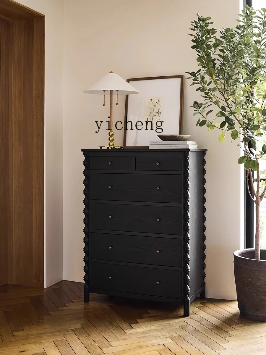 ZK1 Solid Wood Chest of Drawers Vintage Sideboard Cabinet Black Eight Bucket Locker Bedroom Storage Cabinet Living Room Entrance