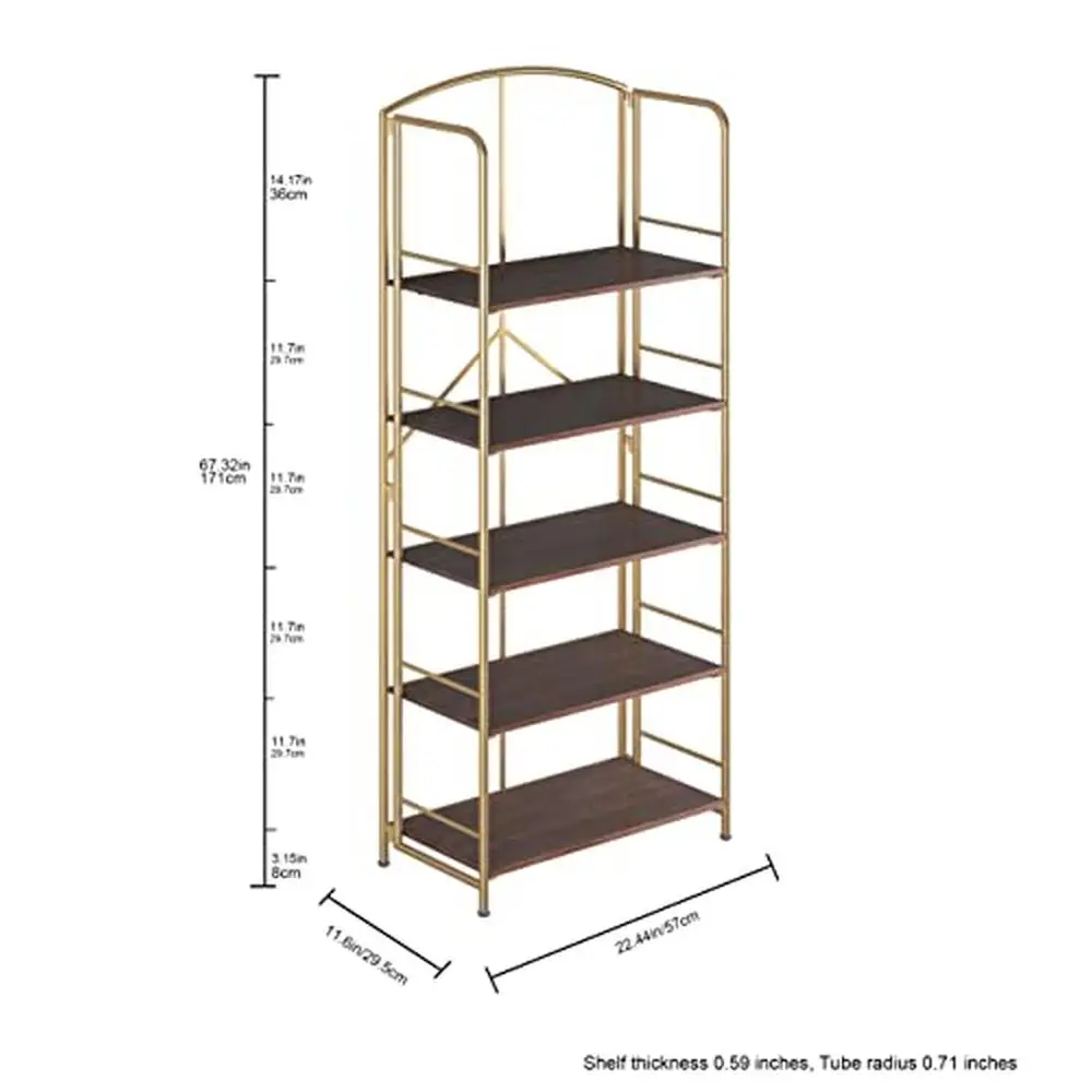 Metal Folding Bookshelf Storage Rack Office Kitchen Living Room Organizer Durable Waterproof Foldable Brown Gold Shelf 5-Tier