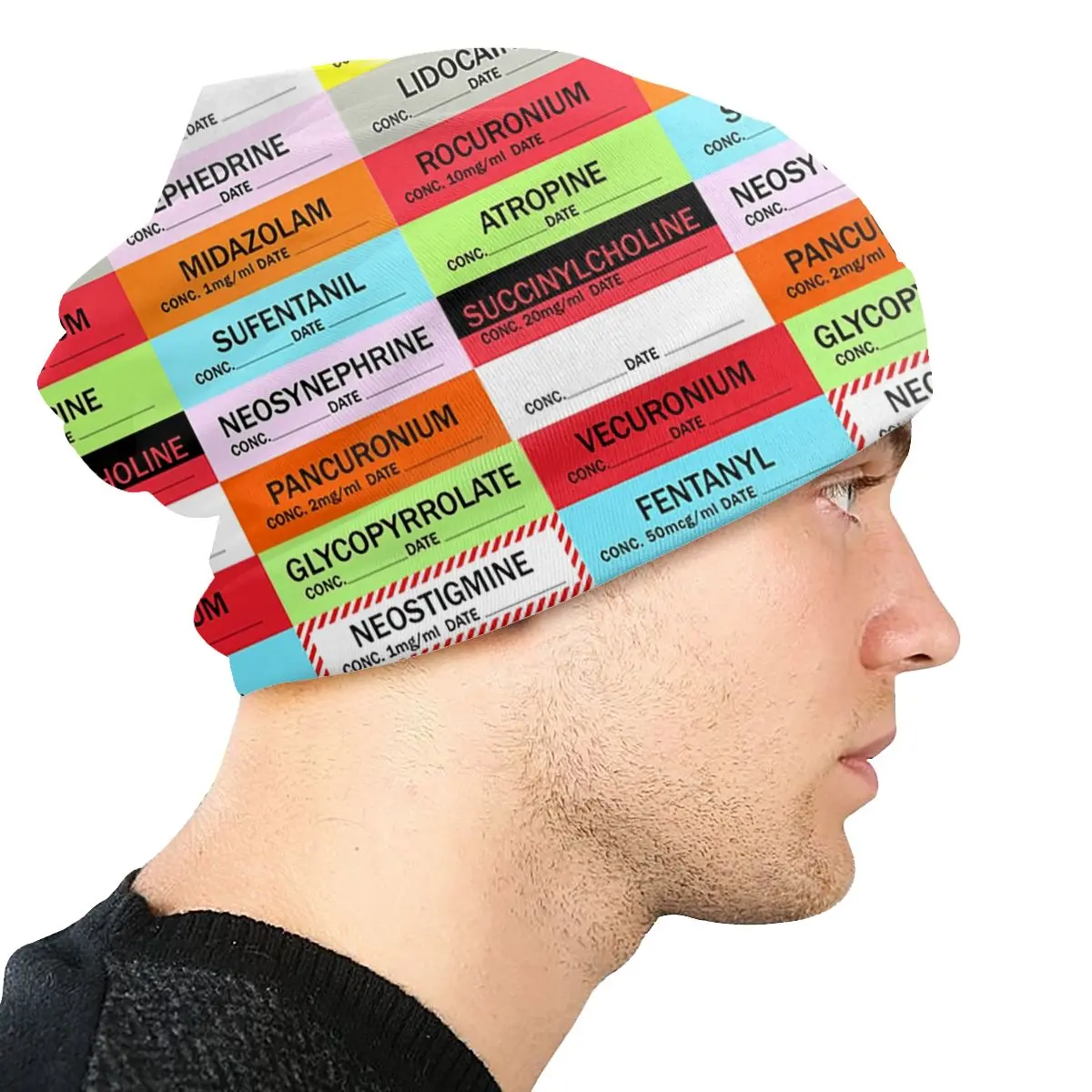 Unisex Bonnet Custom Warm Knitted Hat Medical Nurse Anesthesia Medication Labels Skullies Beanies Adult Beanie Hats Ski Cap