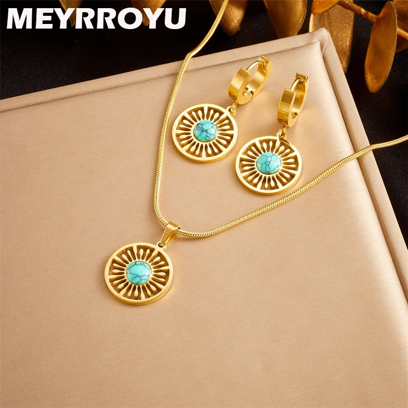 MEYRROYU 316L Stainless Steel Gold Color Necklace Ear Drop Set Round Sun Hollowing Out Pendant Jewelry Set for Women Girl
