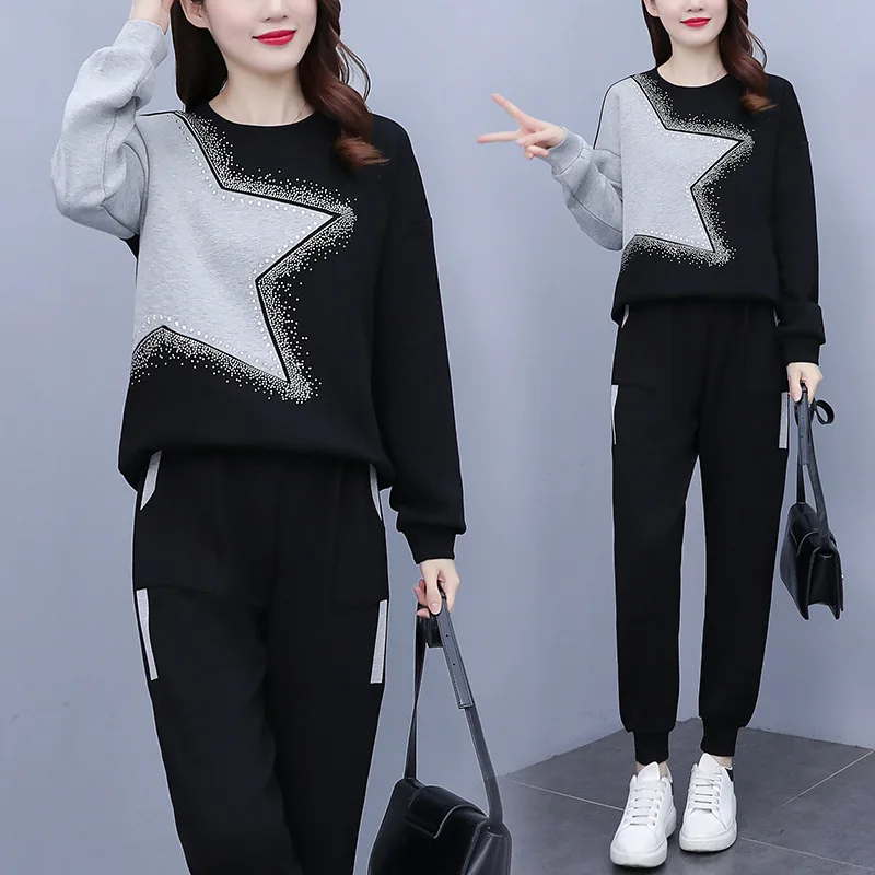 Plus Women Sport Black Gray Suit Rhinestone Sweatershirt Top And Pant Two Piece Set Outfit Cotton Clothes Trousers Tracksuit