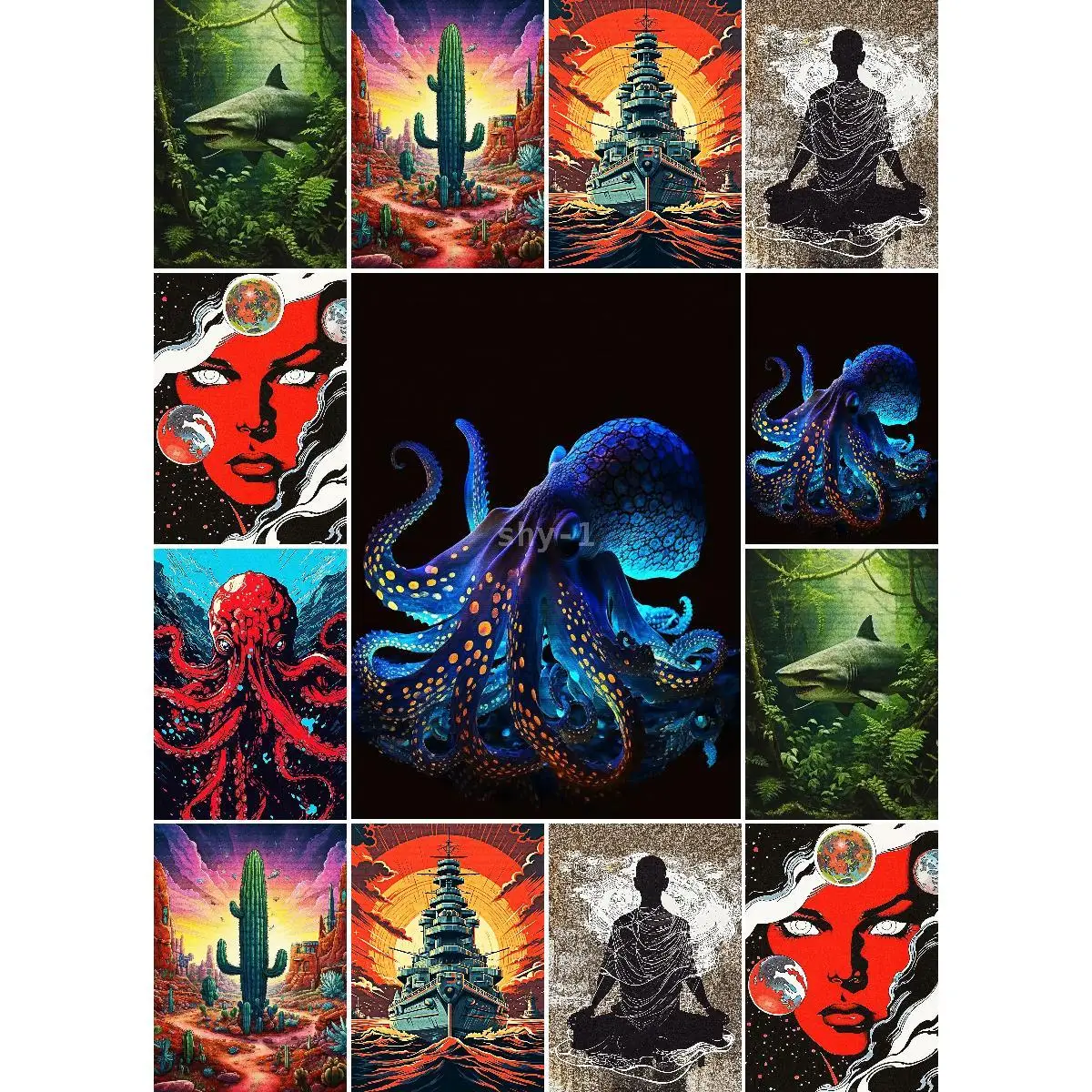 תקציר נייון תמנון מופשט עיצוב פנים מודרני עיצוב קיר אמנות עיצוב הבית נושא האוקיינוס תוסס