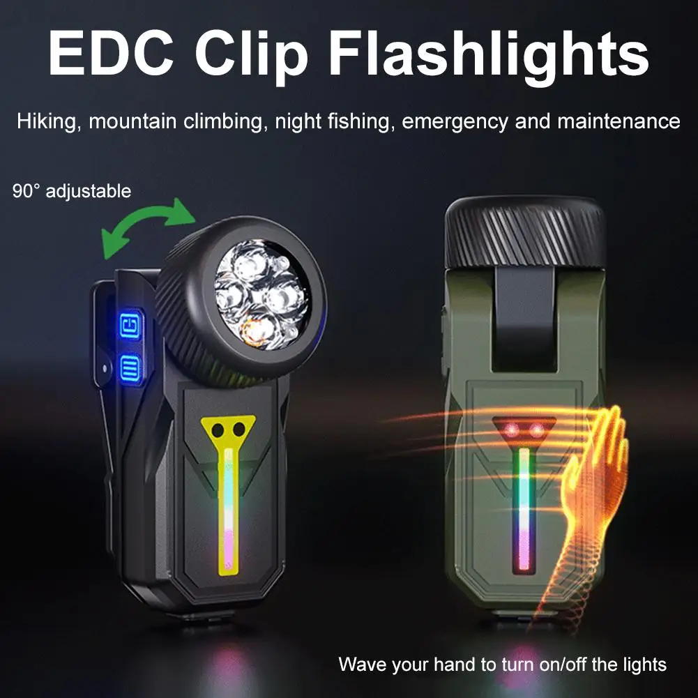 

Мини-фонарь EDC 1800 лм, перезаряжаемый через USB-C, с клипсой, двойной режим (точечный/рассеянный свет), портативный RGB-фонарь для улицы и работы