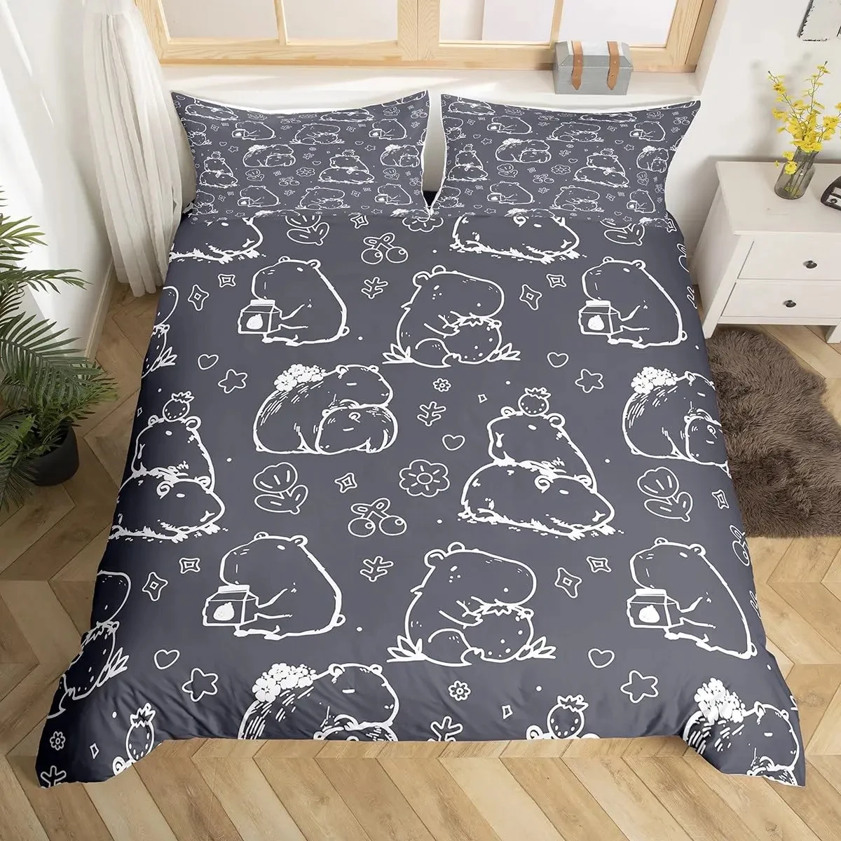 copripiumino-con-capibara-cartoonesco-set-letto-con-foglie-botaniche-e-animali-divertenti-copripiumino-con-linee-graffiti-e-schizzi