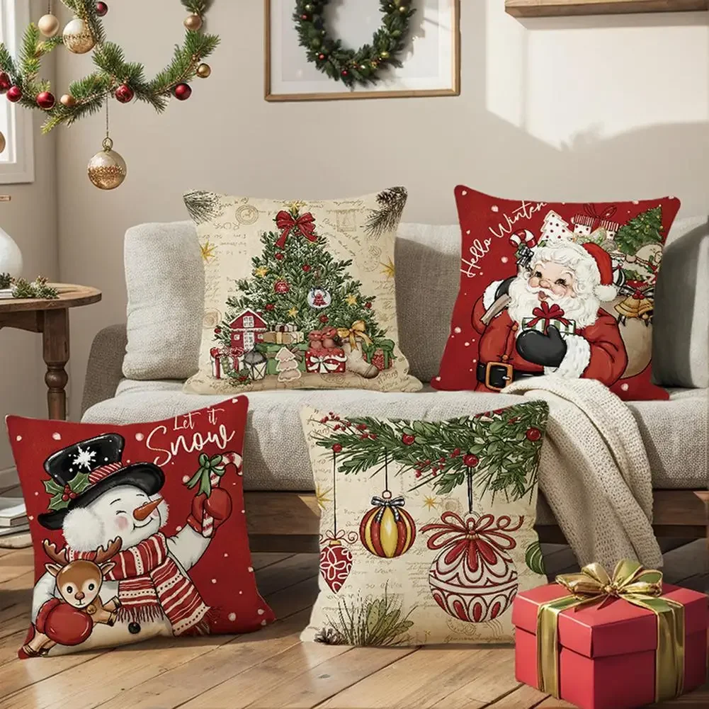 4 Pack 45x45cm Christmas Decorative Throw Pillow Covers Santa Snowman Linen Cushion Case for Home Sofa Couch Party Decorations