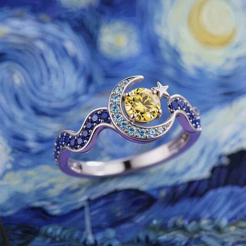 Inlaid Zircon Crescent Star Ring European and American Creative Water Wave Sun Moon Engagement Ring for Women KOFSAC