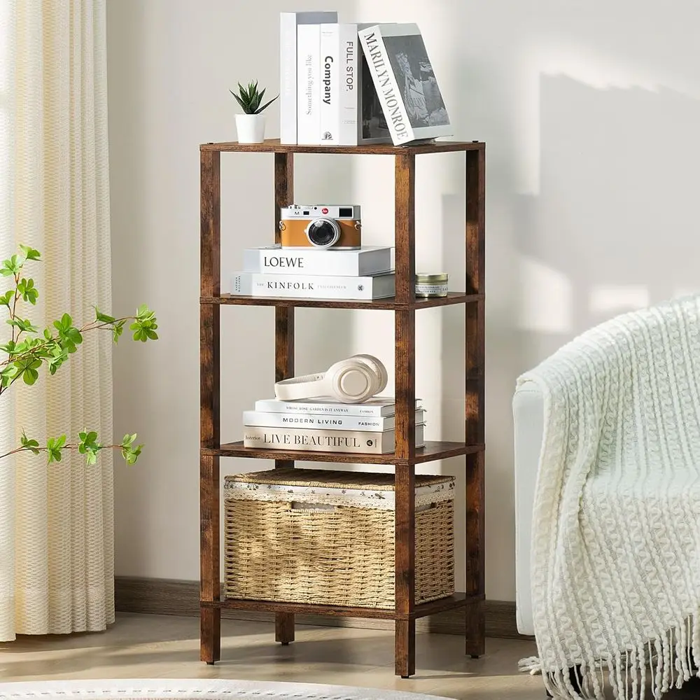 

4 Tier Tall Wooden Bookshelf with Storage - Small Bookcase for Small Spaces, Shelf for Living Room, Office, Bedroom, Kitchen - I