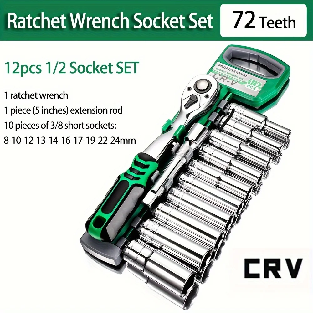 

12pcs 72 teeth Ratchet wrench 1/2 Inch Drive Ratchet Socket Wrench Set 8mm-24mm Sockets Release Ratchet Handle and Extension bar