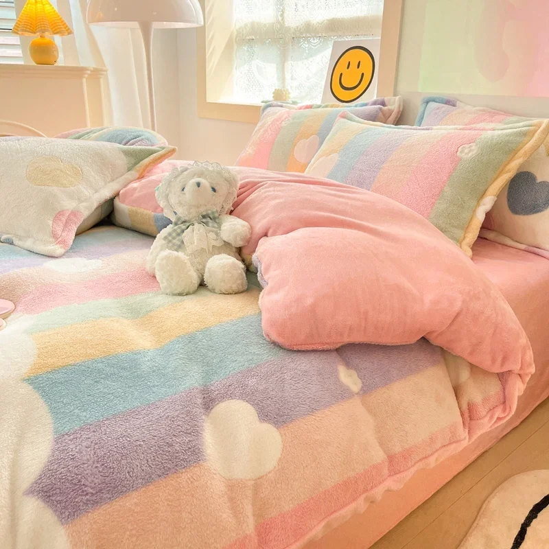 150/180/200CM Rainbow Print Pink Velvet Warm Bed Sheet Duvet Cover Pillowcase Four-piece Bedding Set for Winter M034-2