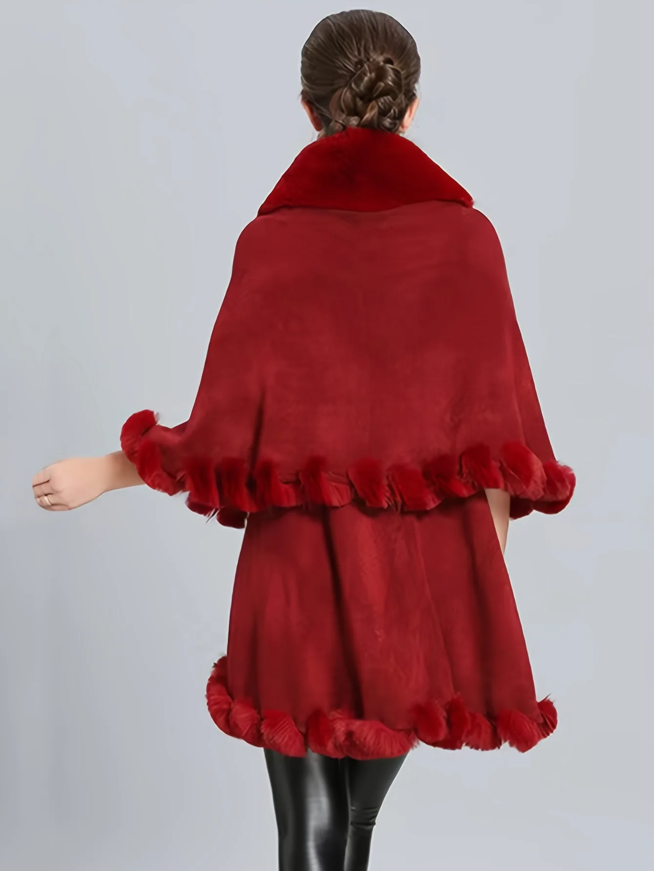 Elegant Faux Fur Collar Double Layer Cloak Shoulder Wrap Hand Knitted Frayed Edge Fake Two-Piece Outerwear Acrylic Fabric