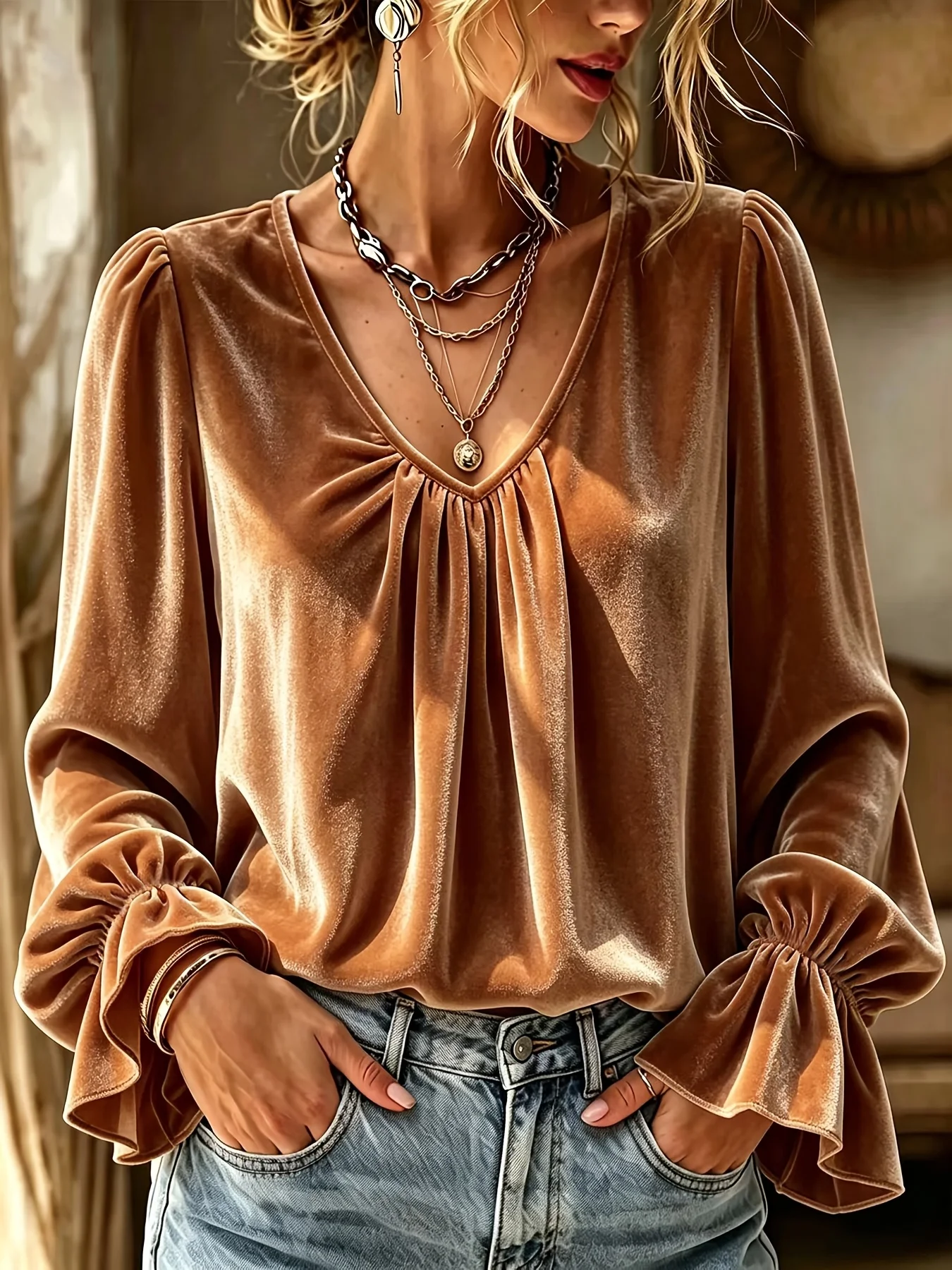 Plus-Size-Samtbluse für Damen, V-Ausschnitt, lange Ärmel, plissierte Laternenärmel, elegante burgunderrote Oberteile, lässiges, lockeres Hemd – Detail 10