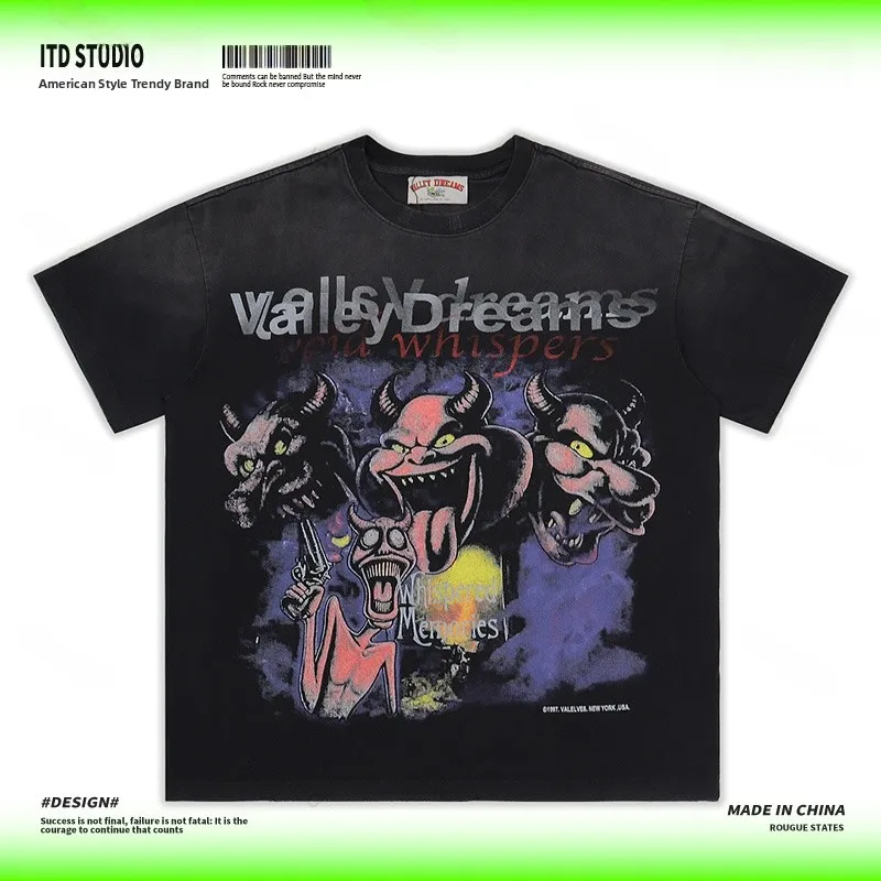Vale Forever Short Sleeve T-Shirt Loose Fit Distressed Devil Graffiti Vintage Wash Cotton Casual Wear for Teenagers And Adults
