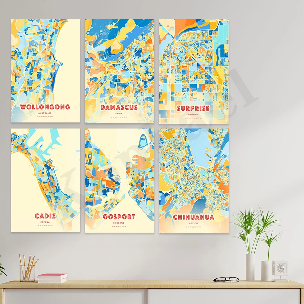 Chihuahua Rochester Cadiz Surprise Porto Norfolk Oklahoma City Damascus Mombasa Kenya Campinas Wollongong. City Color Map Poster